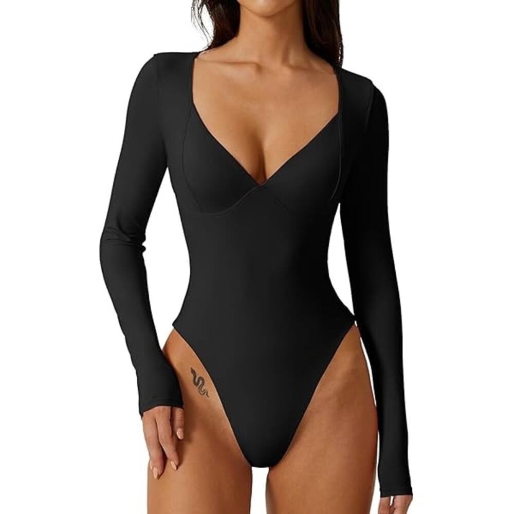 Qinsen Black Long Sleeve Bodysuit S Sculpting Bust Seam Thong Compression Basic
